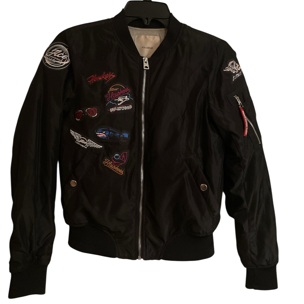 Pull&Bear Black Bomber Jacket with Military-Inspired Patches